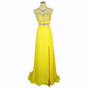 NWT RIVA Lemon Beaded Bust Ruched-Waistband Slit